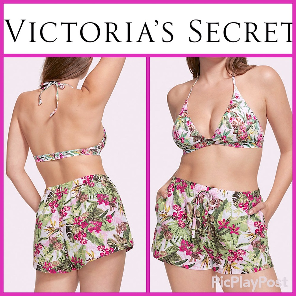 VICTORIA'S SECRET Swim Tropical Pink Green Linen Shorts NWT Pockets Drawstring S
